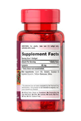 Puritan's Pride Lycopene 40 mg softgels bottle with supplement facts and serving information.