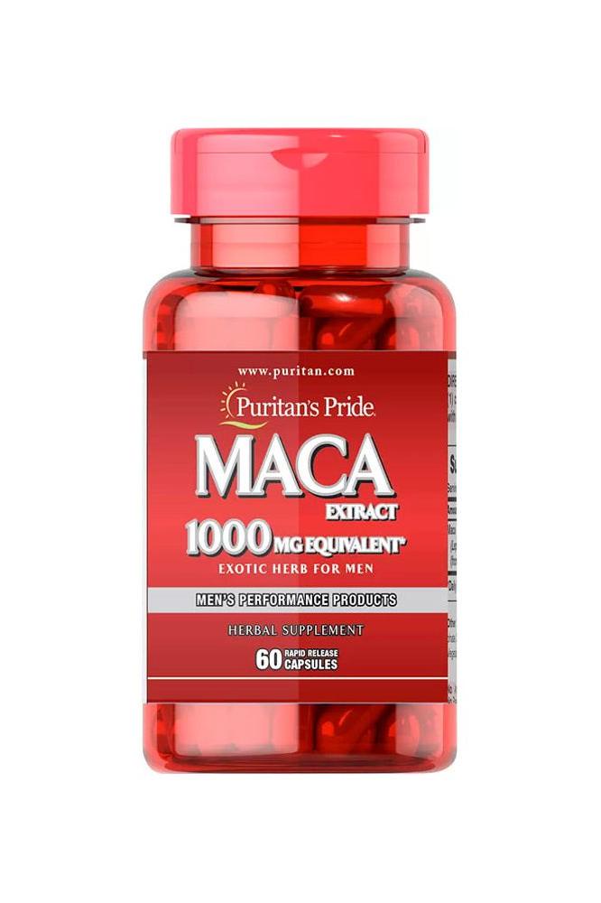 Puritan's Pride Maca 1000 mg herb supplement for men, 60 capsules for energy and performance.