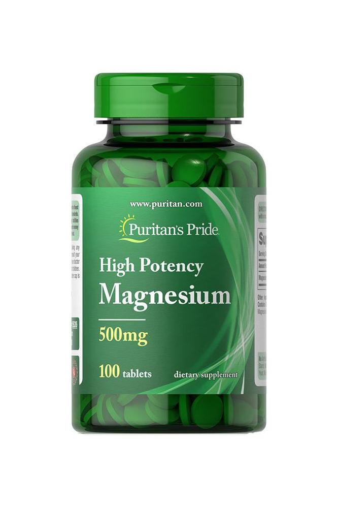 Puritan's Pride Magnesium 500 mg supplement bottle with 100 tablets for optimal health.
