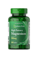 Puritan's Pride Magnesium 500 mg supplement bottle with 100 tablets for optimal health.