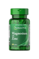 Puritan's Pride Magnesium with Zinc dietary supplement, 100 tablets, green bottle for immune health and muscle function.
