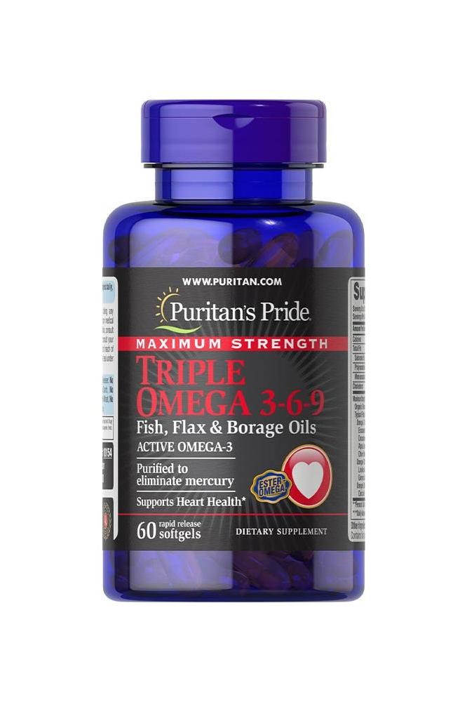Puritan's Pride Maximum Strength Triple Omega 3-6-9 supplement bottle with fish, flax & borage oils, 60 softgels.