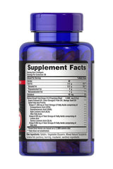Puritan's Pride Maximum Strength Omega 3-6-9 supplement facts label on blue softgel bottle.