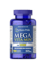 Puritan's Pride Mega Vita Min multivitamins for teens, 120 caplets, dietary supplement, no artificial flavors or preservatives.