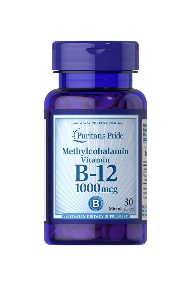 Puritan's Pride Methylcobalamin Vitamin B-12 1000 mcg dietary supplement bottle with 30 microlozenges.