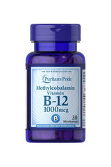 Puritan's Pride Methylcobalamin Vitamin B-12 1000 mcg dietary supplement bottle with 30 microlozenges.