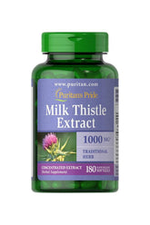 Puritan's Pride Milk Thistle Extract 1000 mg herbal supplement bottle with 180 softgels.