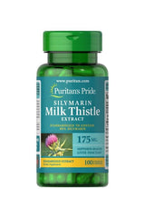 Puritan's Pride Milk Thistle 175 mg extract bottle, supports liver function, 100 vegetarian capsules.
