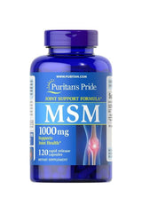 Puritan's Pride MSM 1000 mg bottle with 120 capsules for joint support and health benefits.