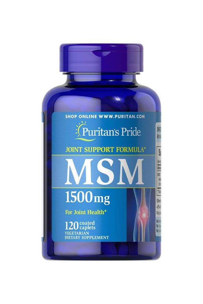 Puritan's Pride MSM 1500 mg bottle for joint support with 120 coated caplets