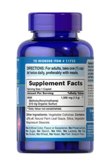 Puritan's Pride MSM 1500 mg supplement facts on blue bottle, featuring dosage and ingredient details.