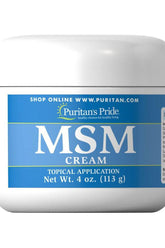 Puritan's Pride MSM Cream 4 fl. oz. jar for topical application, enriched with nutrients and antioxidants.