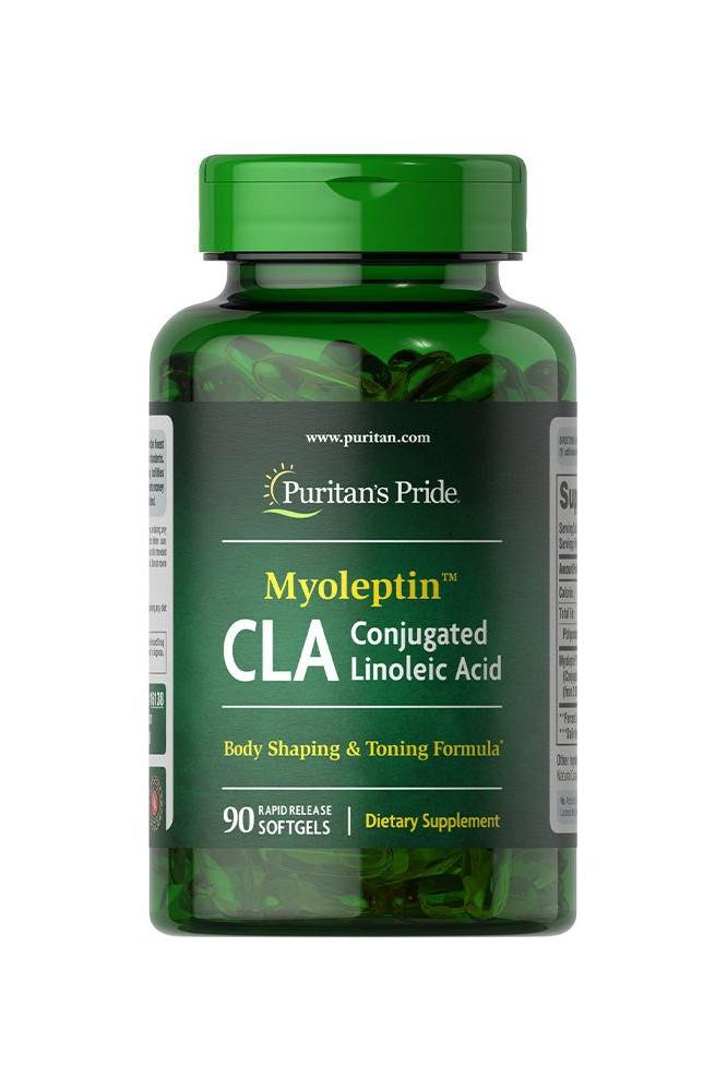 Puritan's Pride Myo-Leptin CLA 1000 mg supplement bottle with 90 softgels for body shaping and diet support.