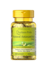 Puritan's Pride Natural Astaxanthin 5 mg supplement bottle with 30 softgels for antioxidant health.