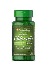 Puritan's Pride Natural Chlorella 500 mg supplements in green bottle, 120 tablets for health and wellness support.
