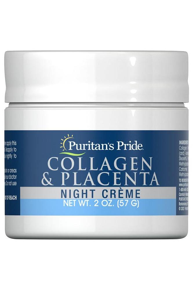 Puritan's Pride Collagen and Placenta Night Crème jar for rich hydration and skin nourishment.