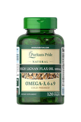 Puritan's Pride Natural Flax Oil 1000 mg softgels, source of Omega-3 fatty acids, heart health support.