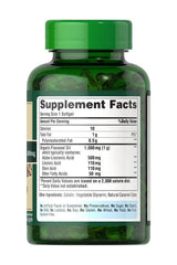 Puritan's Pride Natural Flax Oil 1000 mg supplement bottle with nutritional facts label.