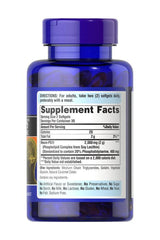 Puritan's Pride Neuro-PS 200 mg softgel bottle with supplement facts label on a blue container.
