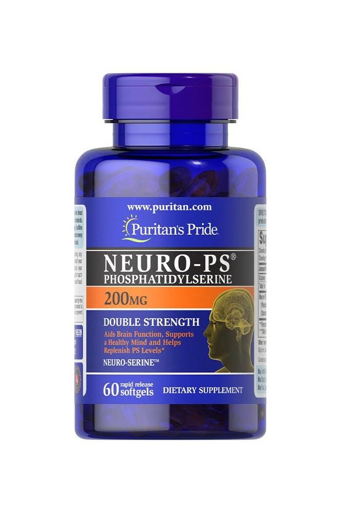 Puritan's Pride Neuro-PS Phosphatidylserine 200 mg supplement bottle with 60 softgels for brain health support.