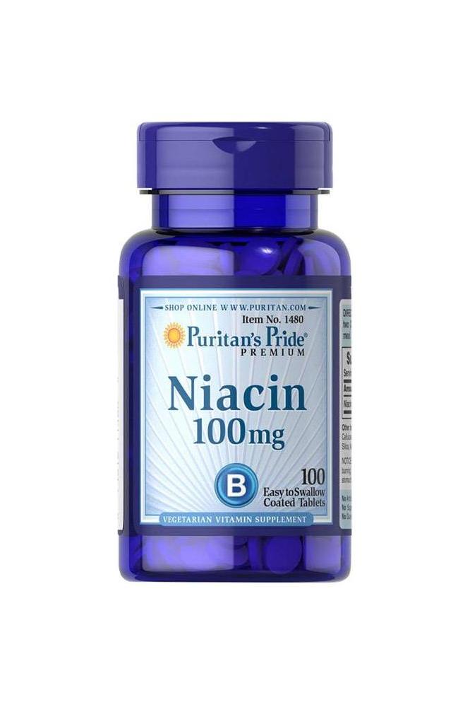 Puritan's Pride Niacin 100 mg supplement bottle with 100 tablets for energy metabolism and healthy skin.