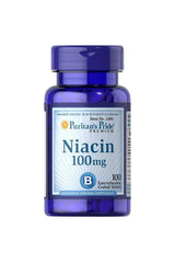 Puritan's Pride Niacin 100 mg supplement bottle with 100 tablets for energy metabolism and healthy skin.