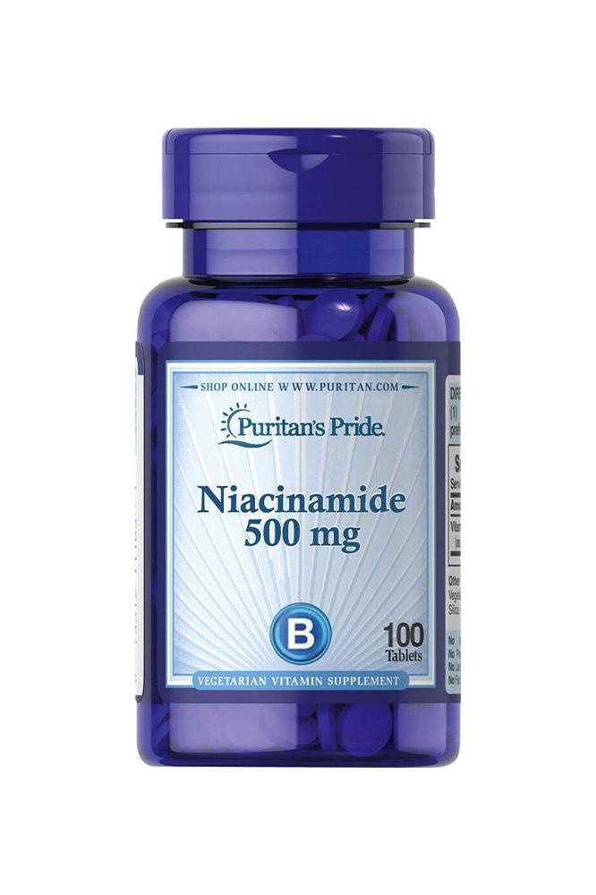 Puritan's Pride Niacinamide 500 mg dietary supplement bottle with 100 tablets