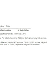 Niacinamide supplement facts and serving details for Puritan's Pride, 500 mg per tablet, dietary guidance.