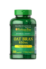Puritan's Pride Oat Bran 850 mg dietary supplement bottle with 250 tablets, natural source of Beta-Glucan.
