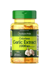 Puritan's Pride Odorless Garlic 1000 MG dietary supplement bottle with 100 softgels for heart health and antioxidant support.
