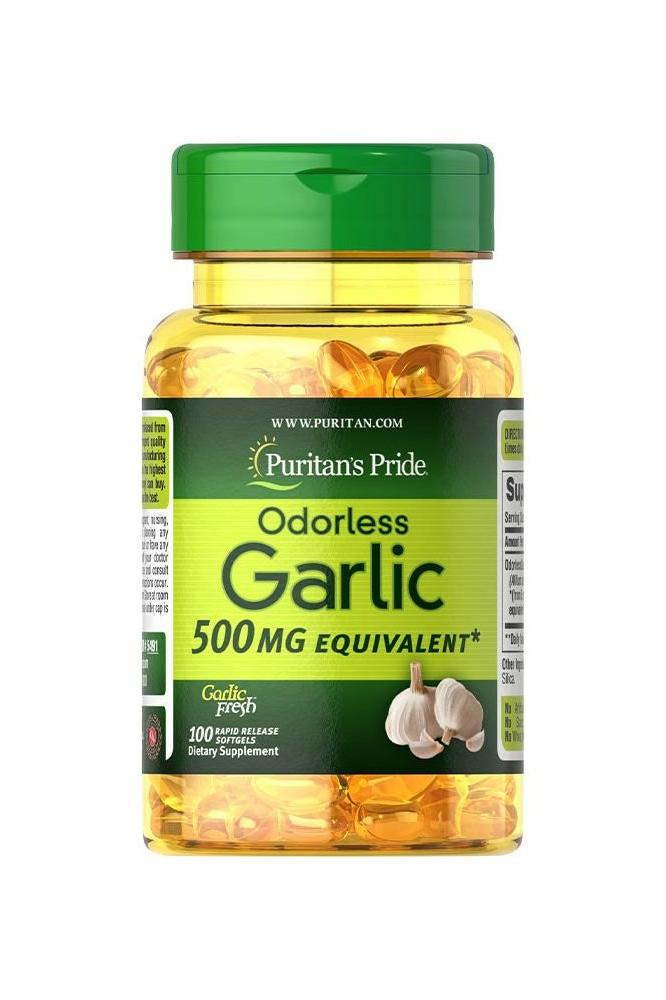 Puritan's Pride Odorless Garlic 500 mg softgels for heart health and antioxidant support, 100 count.