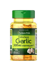 Puritan's Pride Odorless Garlic 500 mg softgels for heart health and antioxidant support, 100 count.