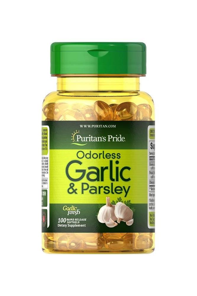 Puritan's Pride Odorless Garlic & Parsley softgels for heart health, 100 count bottle.