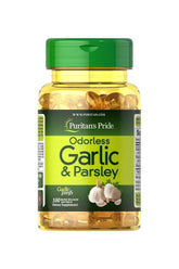 Puritan's Pride Odorless Garlic & Parsley softgels for heart health, 100 count bottle.