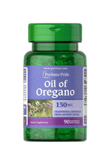 Puritan's Pride Oil of Oregano 150 MG supplement bottle with 90 softgels for digestive and immune support.