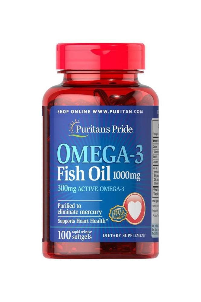 Puritan's Pride Omega-3 Fish Oil 1000 mg bottle supports heart health with 300 mg active omega-3, 100 softgels.