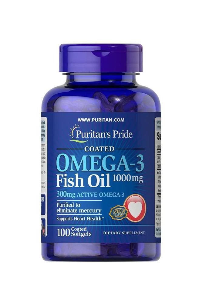 Puritan's Pride Omega-3 Fish Oil 1000 mg, 300 mg active Omega-3, supports heart health, 100 softgels.