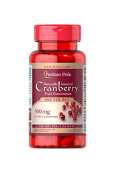 Puritan's Pride Cranberry capsules bottle for urinary tract health, featuring 500 mg dosage, 60 capsules.