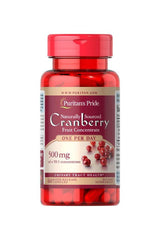 Puritan's Pride Cranberry capsules bottle for urinary tract health, featuring 500 mg dosage, 60 capsules.