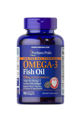 Puritan's Pride Omega-3 Fish Oil 1360 mg supplement bottle, supports heart and joint health, 90 softgels.