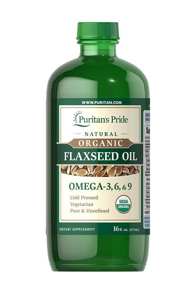 Puritan's Pride organic flaxseed oil, rich in Omega-3, -6, and -9, cold pressed, 473 ml bottle.