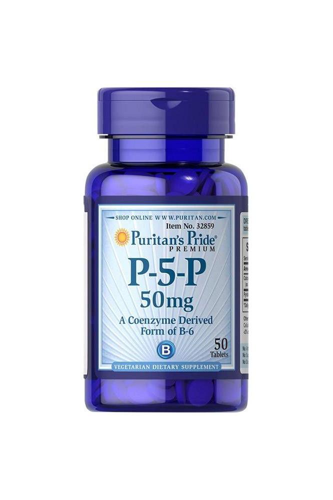 Puritan's Pride P-5-P 50 mg vitamin B6 supplements in a blue bottle, 50 vegetarian tablets.