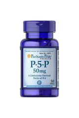 Puritan's Pride P-5-P 50 mg vitamin B6 supplements in a blue bottle, 50 vegetarian tablets.