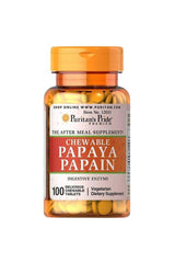 Puritan's Pride Chewable Papaya Papain dietary supplement bottle containing 100 digestive enzyme tablets.