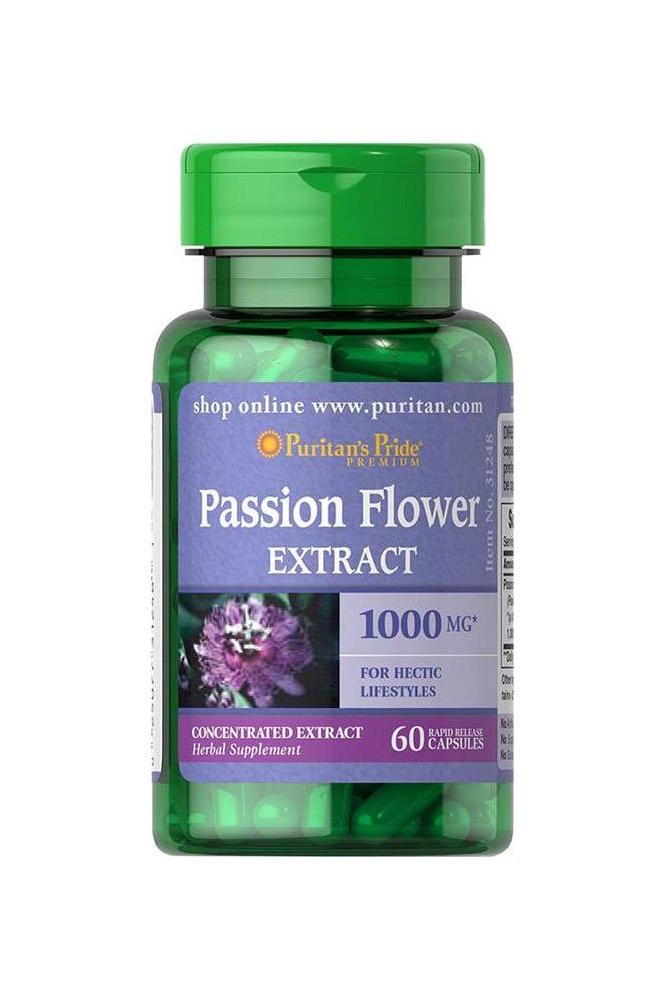 Puritan's Pride Passion Flower 1000 MG herbal supplement bottle for managing stress and fatigue, 60 capsules.