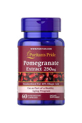Puritan's Pride Pomegranate Extract 250 mg dietary supplement bottle with 60 rapid-release capsules.