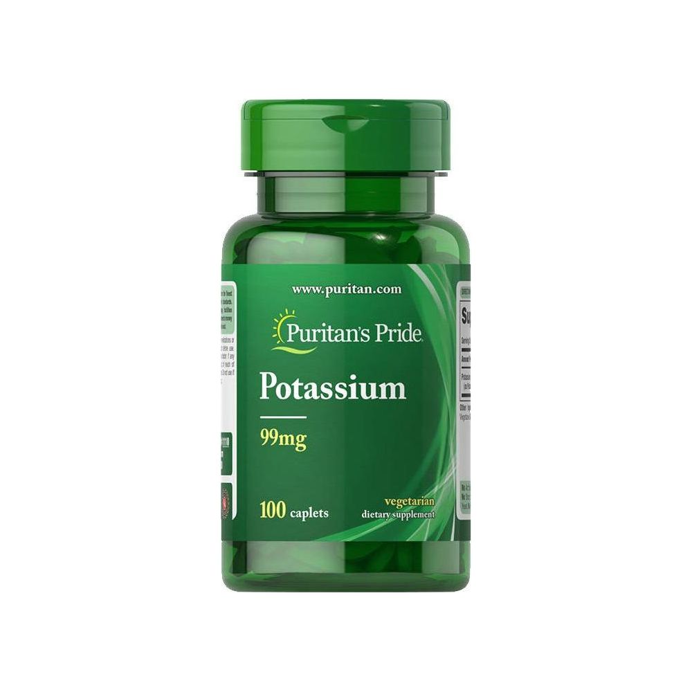 Puritan's Pride Potassium 99 mg caplets bottle for maintaining overall wellness and normal fluid balance.