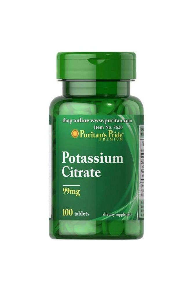 Puritan's Pride Potassium Citrate 99 mg 100 tablets bottle for regulating body water balance and mineral levels. Puritan's Pride Potassium Citrate 99 mg 100 tablets bottle for regulating body water balance and mineral levels.