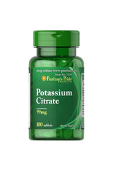 Puritan's Pride Potassium Citrate 99 mg 100 tablets bottle for regulating body water balance and mineral levels.