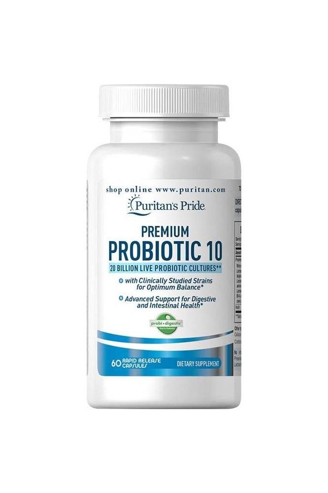 Puritan's Pride Premium Probiotic 10 bottle with 60 capsules for digestive health and balance.